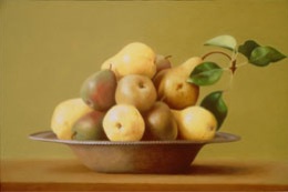still life oil painting "pears in a bowl" by leah kristin dahlgren